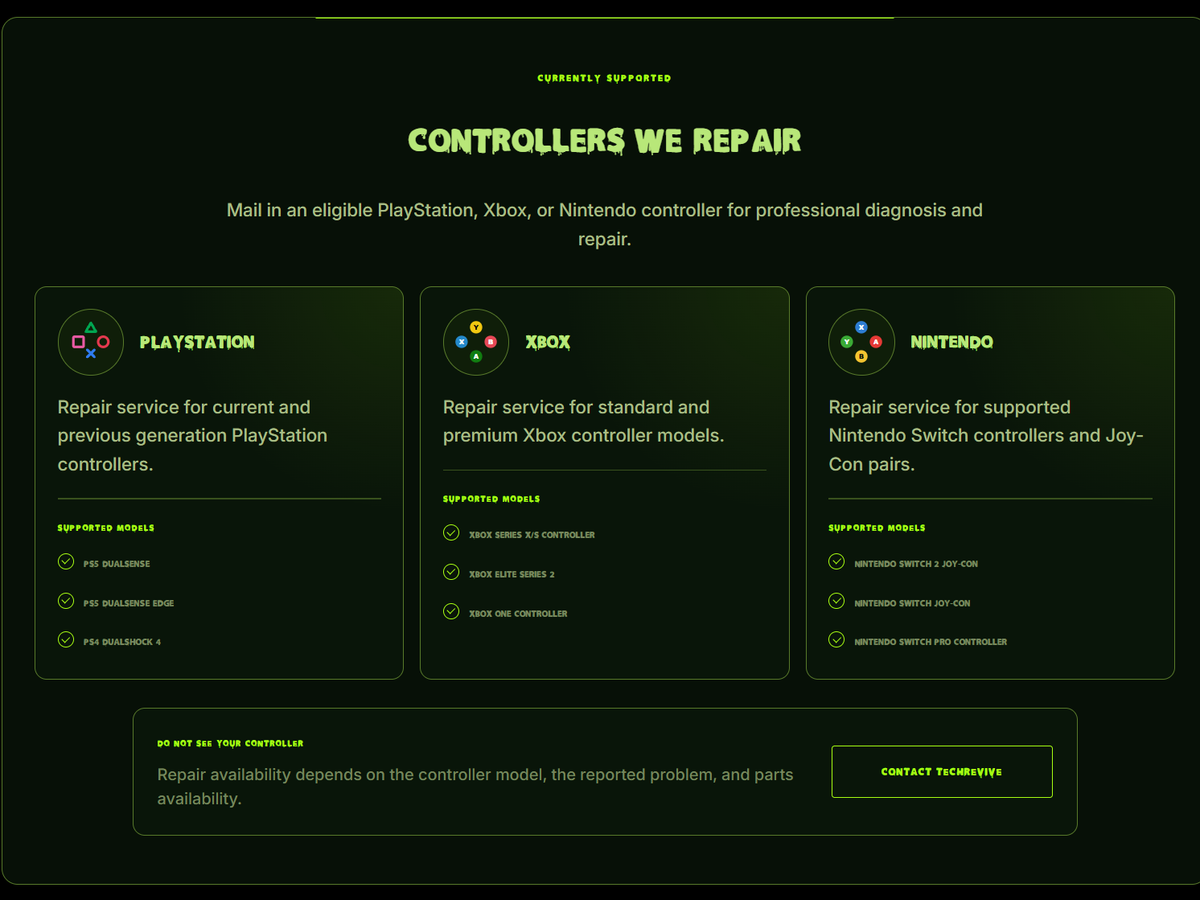 TechRevive Controllers We Repair section showing PlayStation, Xbox, and Nintendo repair support