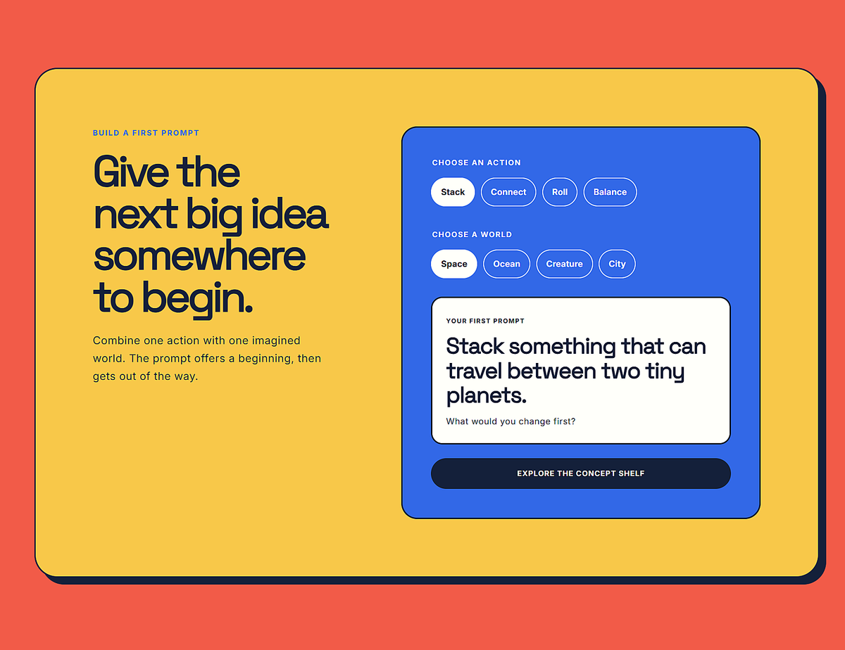 Little Orbit prompt builder combining action and world selections into a generated play prompt