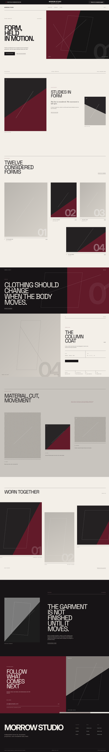 Revised Morrow Studio concept storefront with editorial fashion layouts in ivory, burgundy, and black