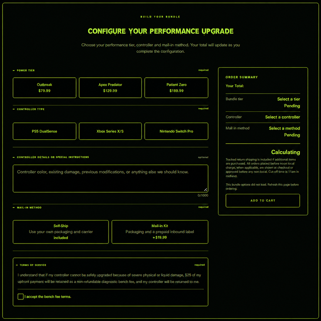 Interactive controller upgrade builder with selectable options and a live order summary