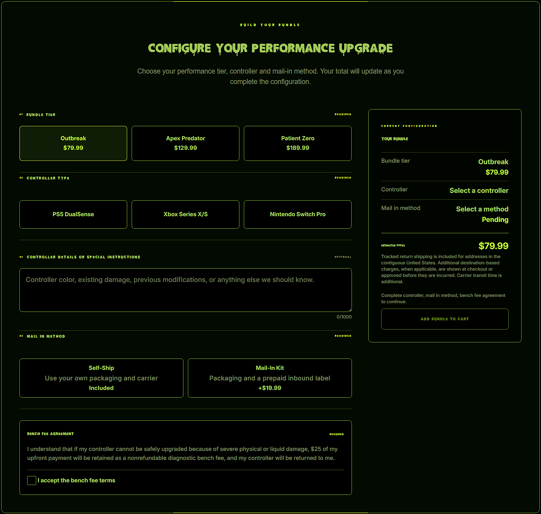 TechRevive performance upgrade configurator showing bundle tier and controller choices